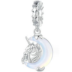 Silver 925 Sterling Silver Unicorn European Dangle Charms, with Moon Glass, Large Hole Pendant, Cadmium Free & Nickel Free & Lead Free, 24x11mm, Hole: 4.5mm