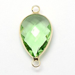 Pale Green Golden Tone Brass Glass Teardrop Links connectors, Pale Green, 21x11x5mm, Hole: 2mm