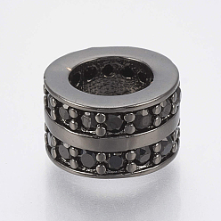 Gunmetal Brass Micro Pave Cubic Zirconia Beads, Large Hole Beads, Column, Black, Gunmetal, 8.5x5.5mm, Hole: 5mm