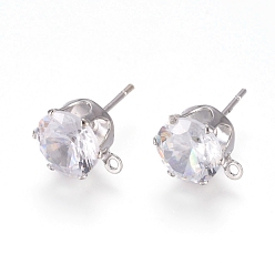 Clear Brass Stud Earring Findings, with 316 Surgical Stainless Steel Pin, Cubic Zirconia and Loop, Long-Lasting Plated, Flat Round, Real Platinum Plated, Clear, 10x8x6mm, Hole: 1mm, Pin: 0.7mm
