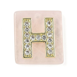 Letter H Природного розового кварца подвески, прямоугольные подвески с латунной микропаве прозрачной кубической циркониевой буквой, реальный 18 k позолоченный, долговечный, стойки покрытие, Письмо ч, 21x18x5 мм, отверстие : 1.4 мм