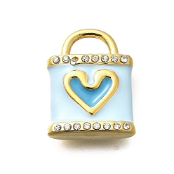 Светло-Голубой 304 подвески из нержавеющей стали, с стразами и эмалью, ионное покрытие (ip), запирать, реальный 14 k позолоченный, Небесно-голубой, 17x13.5x5.5 мм, отверстие : 3x5.5 мм