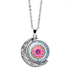 Hot Pink Glass Moon with Mandala Flower Pendant Necklace, Stainless Steel Jewelry for Women, Colorful, 17.72 inch(45cm)
