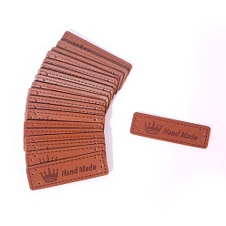 Crown Imitation Leather Labels, Handmade Embossed Tag, with Holes, for DIY Jeans, Bags, Shoes, Hat Accessories, Rectangle with Word Handmade, Saddle Brown, Crown Pattern, 15x50mm