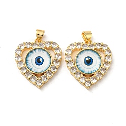Light Blue Real 18K Gold Plated Brass Pendants, with Glass and Acrylic, Heart with Evil Eye Charms, Light Blue, 26x22.5x7mm, Hole: 4.5x3.5mm