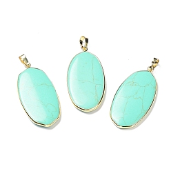 Synthetic Turquoise Synthetic Green Turquoise Pendants, with Rack Plating Light Gold Tone Brass Findings, Cadmium Free & Lead Free, Oval Charms, 48x22x4.5mm, Hole: 8x5mm