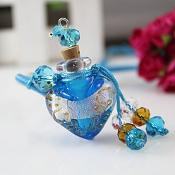 Deep Sky Blue Lampwork Heart Perfume Bottle Pendant Necklace with Braided Rope, Essential Oil Vial Necklace with Bead Tassel Charm for Women, Deep Sky Blue, 17.72~25.59 inch(45~65cm)