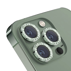 Dark Sea Green Glass & Aluminium Alloy Rhinestone Mobile Phone Lens Film, Lens Protection Accessories, Compatible with 13/14/15 Pro & Pro Max Camera Lens Protector, Dark Sea Green, Packaging: 90x55x8mm, 2pcs/set