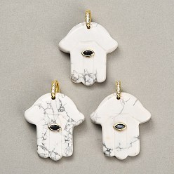 Howlite Natural Howlite Carved Pendants, Religion Hamsa Hand Charms, with Brass Pave Cubic Zirconia Findings, Golden, 36.5~39x33~35x8~9mm, Hole: 6.5x8mm