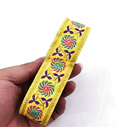 Yellow 6.5M Ethnic Style Flat Embroidery Polyester Ribbons, Jacquard Ribbon, Garment Accessories, Flower Pattern, Yellow, 1-1/4 inch(33mm), about 7.11 Yards(6.5m)/Bundle