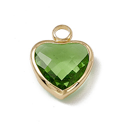 Peridot Heart K9 Glass Charms, Faceted, with Light Gold Tone Brass Edge, Peridot, 13.5x10.5x4.5mm, Hole: 2.2mm
