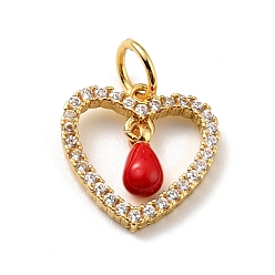 Red Rack Plating Brass Micro Pave Cubic Zirconia Pendants, with Enamel and Jump Ring, Long-Lasting Plated, Golden, Heart, Cadmium Free & Nickel Free & Lead Free, Red, 12.5x12x1.5~3mm, Jump Ring: 5x0.7mm, Hole: 3.4mm