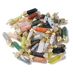 Смешанные камни Граненые подвески из натуральных смешанных камней, подвески в форме меча с латунной фурнитурой в стиле реечной гальванизации, золотые, смешанные окрашенные и неокрашенные, 28~29x6~7x7.5~8 мм, отверстие : 1.5 мм