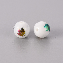 Multi-color Plated Electroplate Glass Beads, Round, Maple Leaf Pattern, Multi-color Plated, 10mm, Hole: 1.2mm