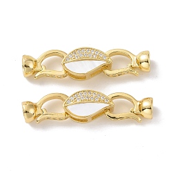 Golden Brass Micro Pave Clear Cubic Zirconia Fold Over Clasps, with White Shell, Cadmium Free & Lead Free, Leaf, Golden, Leaf: 8x14x6mm, Clasp: 14x8x6mm, Inner Diameter: 4.4mm, Hole: 3.3x6.2mm