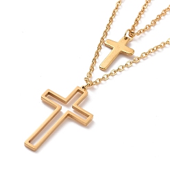 Golden Stainless Steel Hollow Out Cross Pendant Double Layer Necklace with Cable Chains for Men Women, Golden, 15.55 inch(39.5cm)