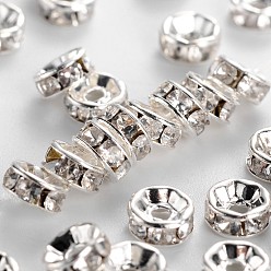 Silver Brass Rhinestone Spacer Beads, Grade B, Clear,  Silver Color Plated, Size: about 5mm in diameter, 2.5mm thick, hole: 1mm