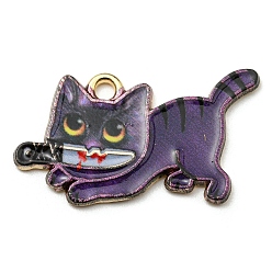 Purple Printed Alloy Pendants, with Enamel, Golden, Cadmium Free & Nickel Free & Lead Free, Cat with Knife Shape Charms, Purple, 17x29x1.5mm, Hole: 2mm
