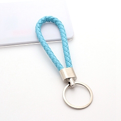 Sky Blue Handwoven Imitation Leather Keychain, with Metal Car Key Ring Chain Accessories Gift for Men and Women, Sky Blue, 122x30mm