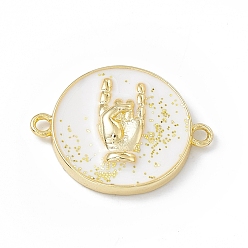 White Rack Plating Brass Enamel Connector Charms, Flat Round Links with Gesture Pattern, Long-Lasting Plated, Lead Free & Cadmium Free, Real 18K Gold Plated, with Glitter Powder, White, 17x22x4mm, Hole: 1.6mm