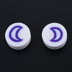 Dark Slate Blue Handmade Polymer Clay Beads, Flat Round with Moon, Dark Slate Blue, 9~9.5x4~5mm, Hole: 1.6mm