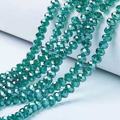 Dark Cyan Electroplate Glass Beads Strands, Pearl Luster Plated, Faceted, Rondelle, Dark Cyan, 10x8mm, Hole: 1mm, about 65~66pcs/strand, 20.8~21.2 inch(53~54cm)