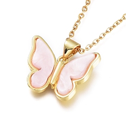 Pink Brass Pendant Necklaces, with Resin and 304 Stainless Steel Cable Chains, Butterfly, Golden, Pink, 19.29 inch(49cm)