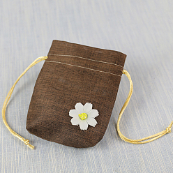 Saddle Brown Burlap Packing Pouches, Drawstring Bags with Flower, Saddle Brown, 14x10cm