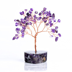 Аметист Натуральные аметистовые чипсы дерево жизни украшения, основа из драгоценного камня с медной проволокой, фен-шуй энергетический камень подарок для домашнего офиса украшение рабочего стола, 56x120 мм