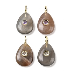 Black Moonstone Подвески из натурального черного лунного камня, подвески в форме слезы с латунной микропаве с кубическими цирконами разных цветов, золотые, 26x15x5.5~7 мм, отверстие : 2 мм