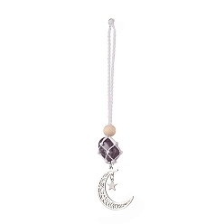 Amethyst Moon 201 Stainless Steel Pendant Decorations, Wood Beads and Natural Amethyst Nuggets Beads Nylon Thread Hanging Ornament, 165~171mm