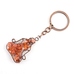 Carnelian Copper Wire Wrapped Natural Carnelian Chips Yoga Pendant Keychains, for Car Key Backpack Pendant Accessories, 10x4.5cm