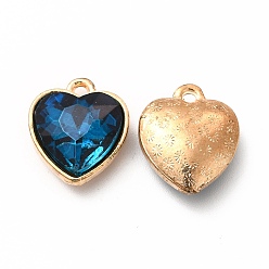 Prussian Blue Faceted Glass Rhinestone Pendants, with Golden Tone Zinc Alloy Findings, Heart Charms, Prussian Blue, 16.5x14x6.5mm, Hole: 1.6mm