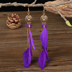 Dark Violet Feather Tassel Dangle Earrings, Bohemia Style Long Drop Earrings for Women, Dark Violet, 60x17mm