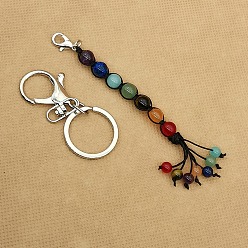 Platinum 7 Chakra Gemstone Round Keychain, with Metal Key Rings and Lobster Claw Clasps, Platinum, 18cm