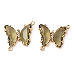 Dark Khaki Brass Pave Faceted Glass Connector Charms, Golden Tone Butterfly Links, Dark Khaki, 20x22x5mm, Hole: 1.2mm