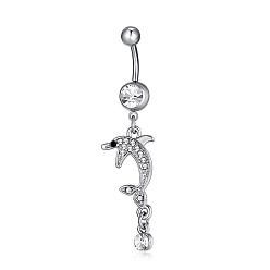 Platinum Piercing Jewelry, Brass Cubic Zirconia Navel Ring, Belly Rings, with 304 Stainless Steel Bar, Lead Free & Cadmium Free, Dlophin, Clear, Platinum, 59x14mm, Bar Length: 3/8"(10mm), Bar: 14 Gauge(1.6mm)