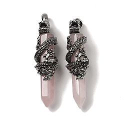 Rose Quartz Natural Rose Quartz Pointed Big Pendants, Faceted Bullet Charms with Rack Plating Antique Silver Plated Alloy Gragon, Cadmium Free & Lead Free, 63~64x19~20x15.5mm, Hole: 7.5x6.5mm