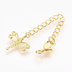 Real 18K Gold Plated Brass Chain Extender, with Lobster Claw Clasps, Cadmium Free & Nickel Free & Lead Free, Long-Lasting Plated, Dragonfly, Real 18K Gold Plated, 70~75x3mm, Hole: 2.5mm, Clasps: 10x6x3mm