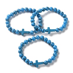 Синтетическая Бирюза Браслеты-растяжки из синтетической бирюзы с крестом и круглыми бусинами, внутренний диаметр: 2-1/8 дюйм (5.5 см)