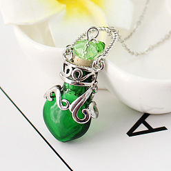 Green Lampwork Perfume Bottle Pendant Necklace, Platinum Titanium Steel Jewelry for Women, Green, 17.72 inch(45cm)