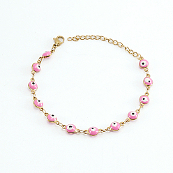 Pearl Pink Real 18K Gold Plated Stainless Steel Enamel Evil Eye Link Chain Bracelet, Pearl Pink, 6-3/4 inch(17cm)