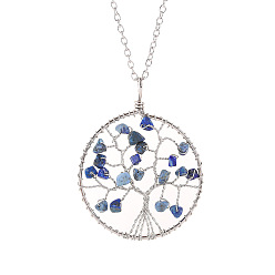 Lapis Lazuli Natural Lapis Lazuli Chips Beaded Tree of Life Pendant Necklaces, with Platinum Alloy Chains, 19.69 inch(50cm)