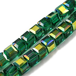 Dark Green Electroplate Glass Beads Strands, Half Rainbow Plated, Faceted, Cube, Dark Green, 7~7.5x7~7.5x7~7.5mm, Hole: 1mm