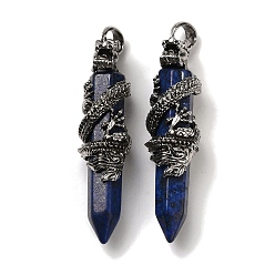 Lapis Lazuli Natural Lapis Lazuli Dyed Pointed Big Pendants, Faceted Bullet Charms with Rack Plating Antique Silver Plated Alloy Gragon, Cadmium Free & Lead Free, 63~64x19~20x15.5mm, Hole: 7.5x6.5mm