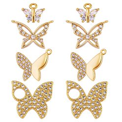 Real 18K Gold Plated 8Pcs 4 Style Brass Micro Pave Cubic Zirconia Pendants, Butterfly, Real 18K Gold Plated, 8~15.5x9~17x2~2.5mm, Hole: 1~4mm, 2pcs/style