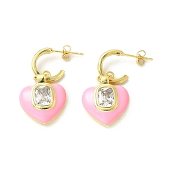 Pearl Pink Enamel Heart Dangle Stud Earrings with Clear Cubic Zirconia, Real 18K Gold Plated Brass Jewelry for Valentine's Day, Pearl Pink, 32.5mm, Pin: 0.7mm
