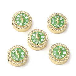 Бледно-Зеленый Латунные микро проложить кубического циркония бусы, с эмалью и ракушкой, долговечный, без свинца и без кадмия, реальный 18 k позолоченный, плоские круглые с молнией, бледно-зеленый, 12x5.5 мм, отверстие : 2 мм