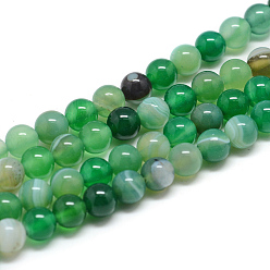 Light Green Natural Striped Agate/Banded Agate Bead Strands, Dyed, Round, Green, 8mm, Hole: 1mm, about 48pcs/strand, 15.15 inch
