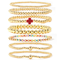 Красный 7 шт. латунные круглые браслеты с бусинами для женщин, с пластиковыми крестообразными бусинами, золотые, красные, 6.50 дюйм (16.5 см) ~ 6.89 дюйм (17.5 см)